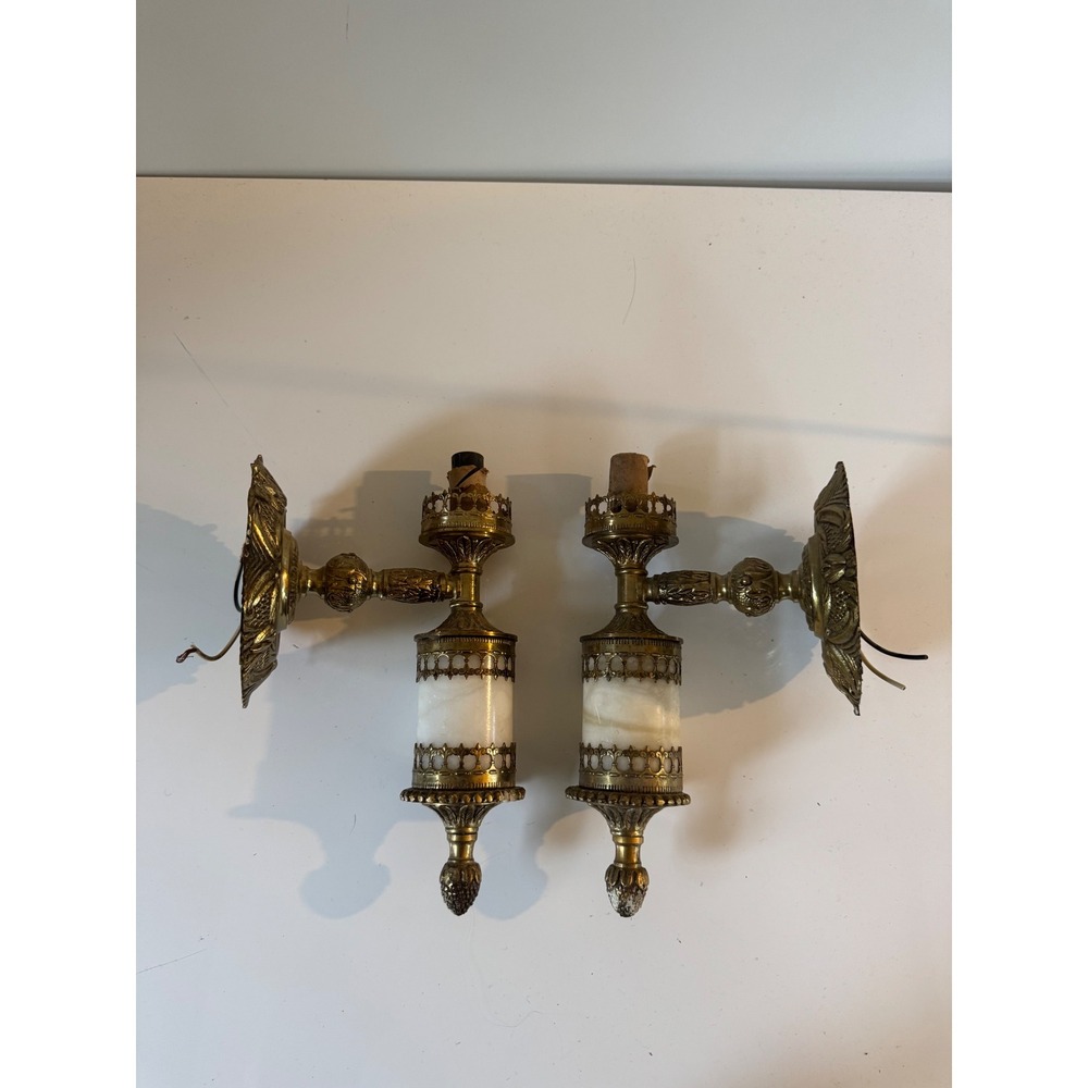 Vintage Thomas Industries Brass Alabaster Wall Sconce Pair Hollywood Regency USA